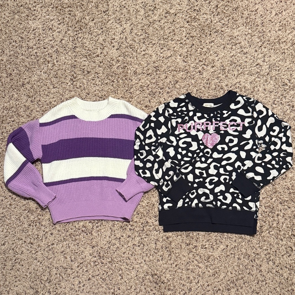Girls size 7/8 purple sweater and animal print “purrfect” sweatshirt